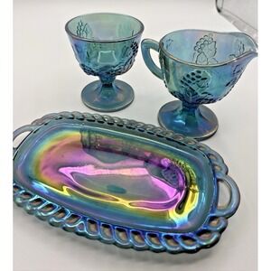 Indiana Colony Glass Blue Carnival Harvest Grape Sugar Bowl & Creamer & Tray Set
